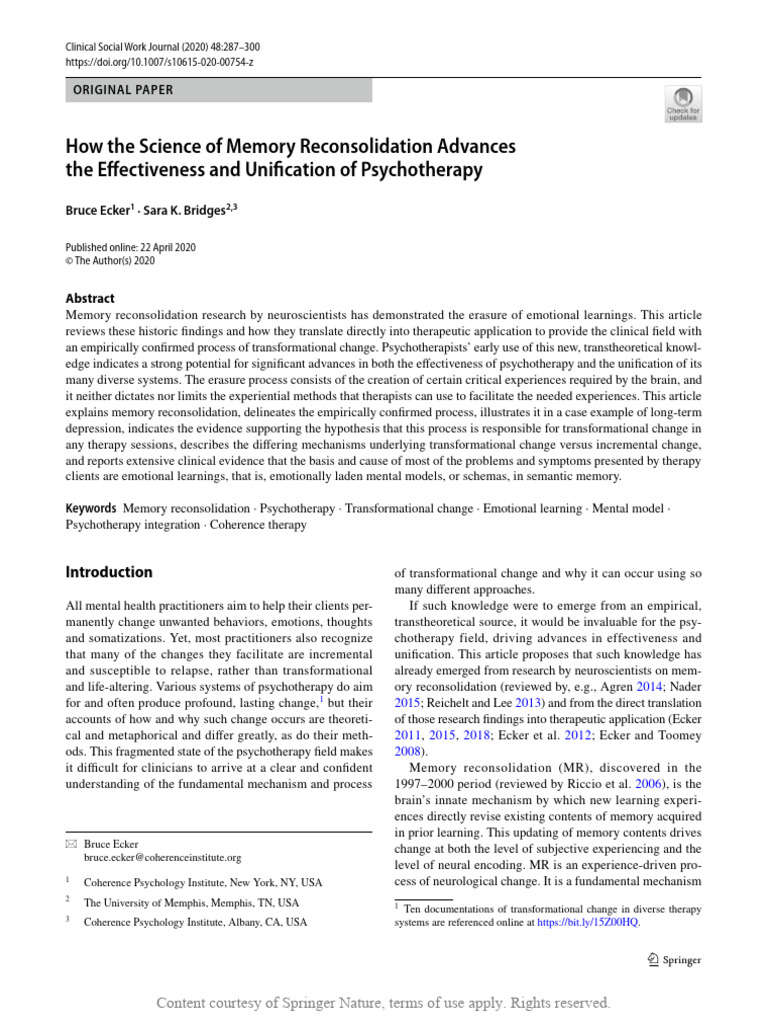 Memory Reconsolidation in Psychotherapy | PDF | Psychotherapy | Cognition