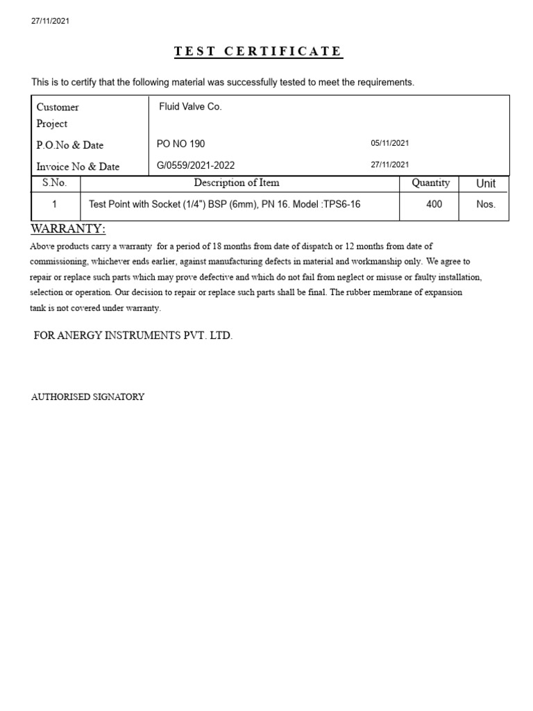 Fluid Valve Co. Test Certificate | PDF