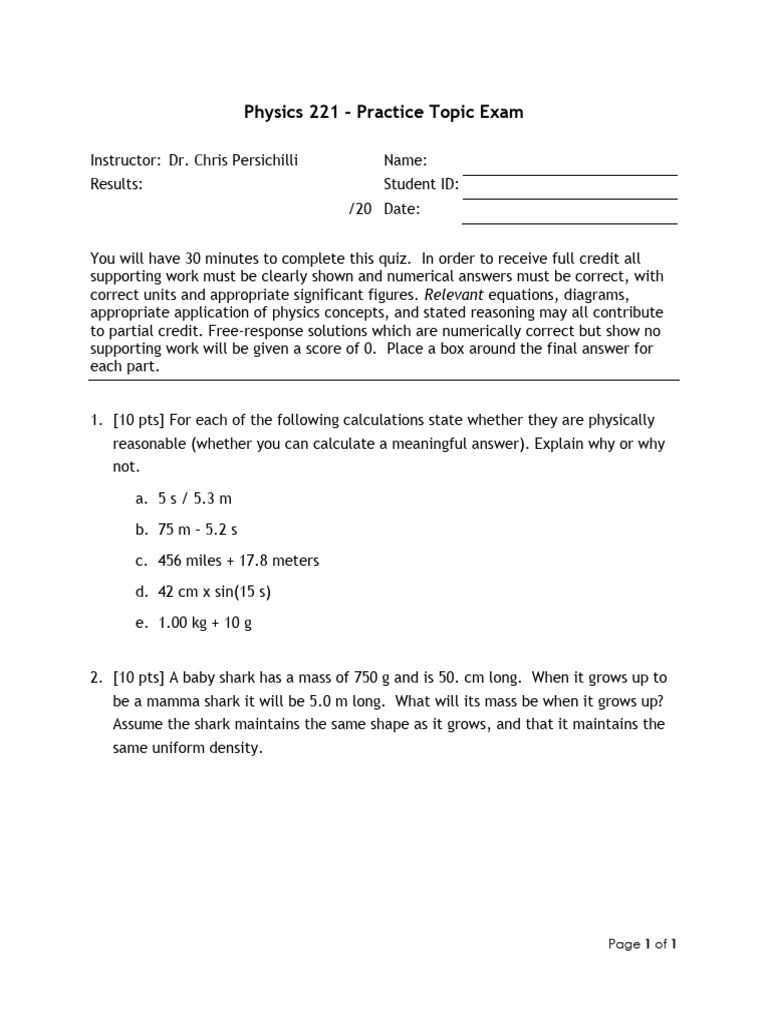 Phys221 Practice Topic Exam | PDF