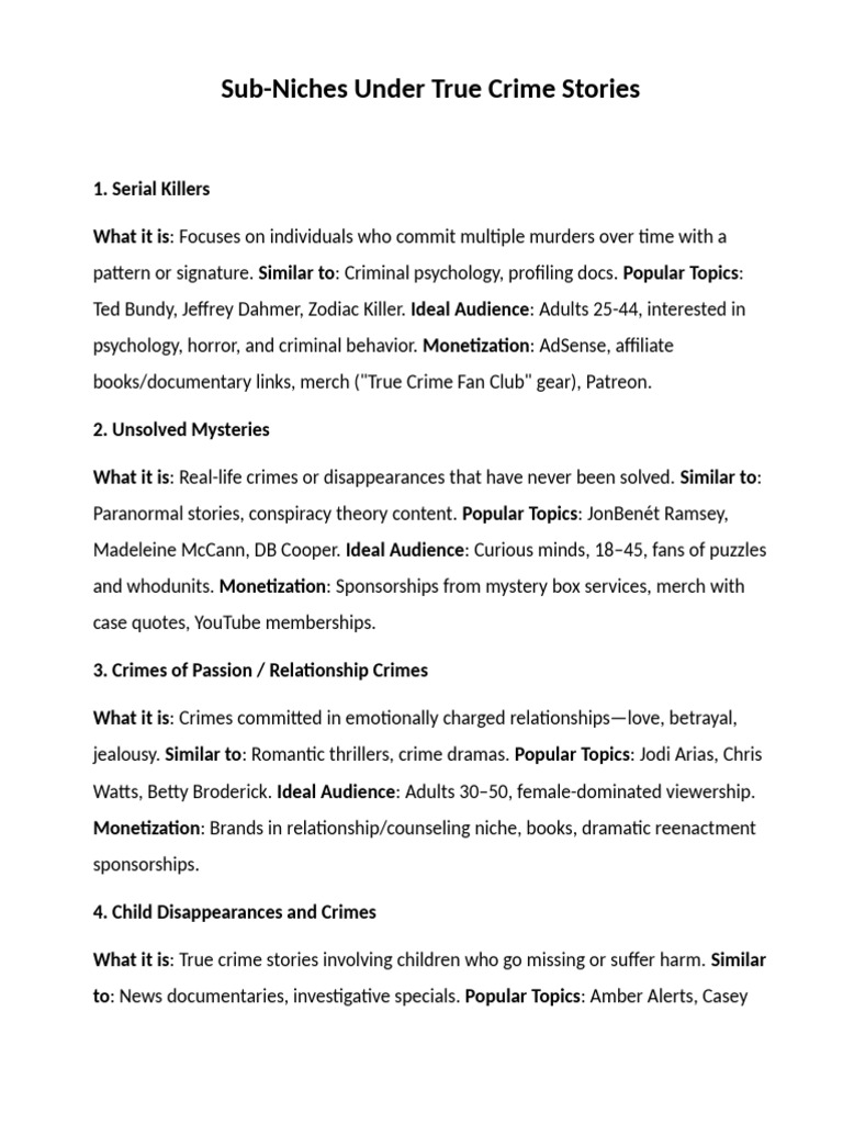 True Crime Story Sub-Niches Guide | PDF | Offender Profiling | Forensic ...