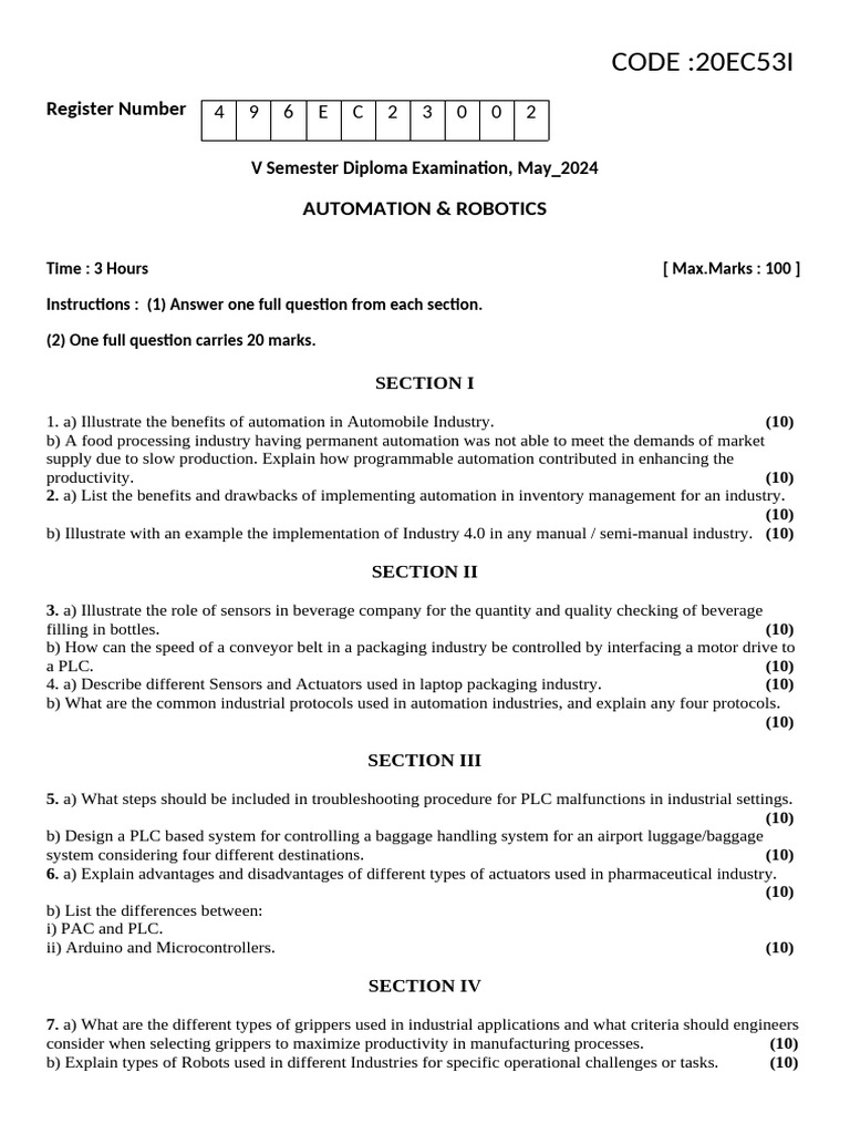 Automation & Robotics Exam Paper 2024 | PDF | Automation | Programmable ...