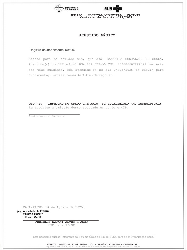 Atestado Médico: Infecção Urinária CID N39 | PDF