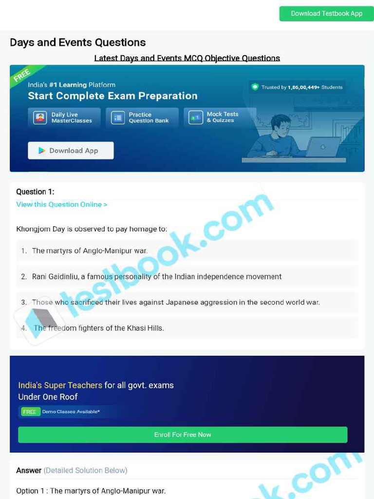 MCQ On Days and Events 5eea6a1239140f30f369ec66 | PDF