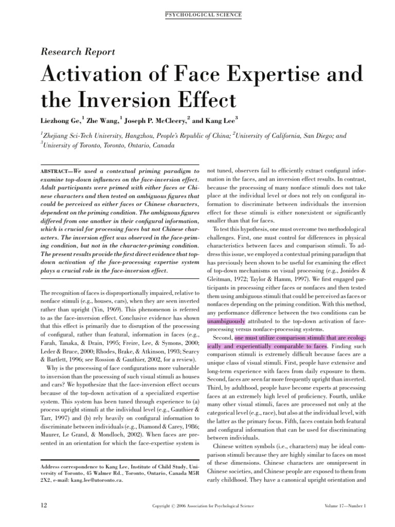 Face Expertise and Inversion Effect Study | PDF | Priming (Psychology ...