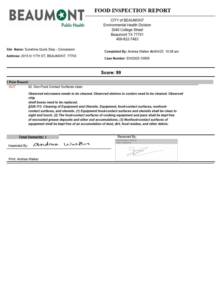 Sunshine Quick Stop Inspection Report | PDF