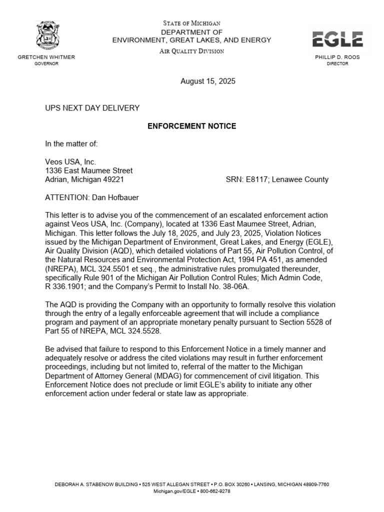 Michigan Air Quality Enforcement Notice | PDF | Justice | Crime & Violence