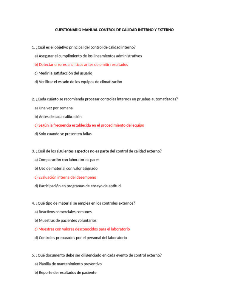 Cuestionario Manual Control de Calidad Interno y Externo 2025 | PDF ...
