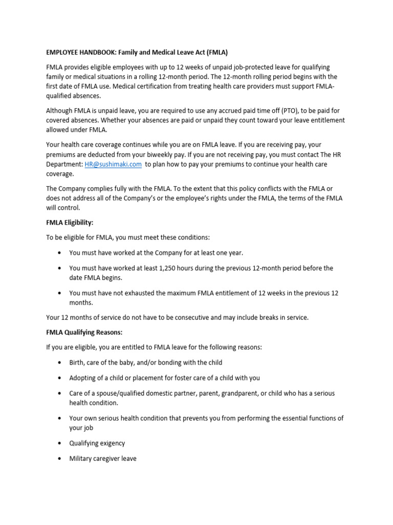 FMLA Employee Handbook Overview | PDF | Family And Medical Leave Act Of ...