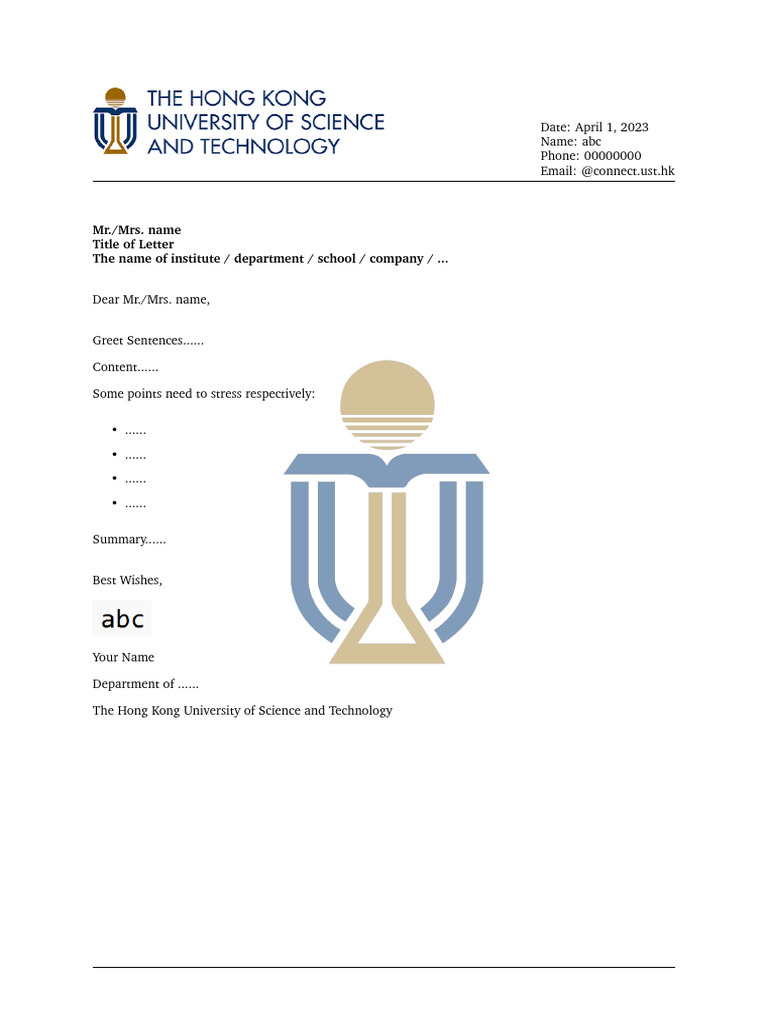 Letter Template for HKUST Communication | PDF