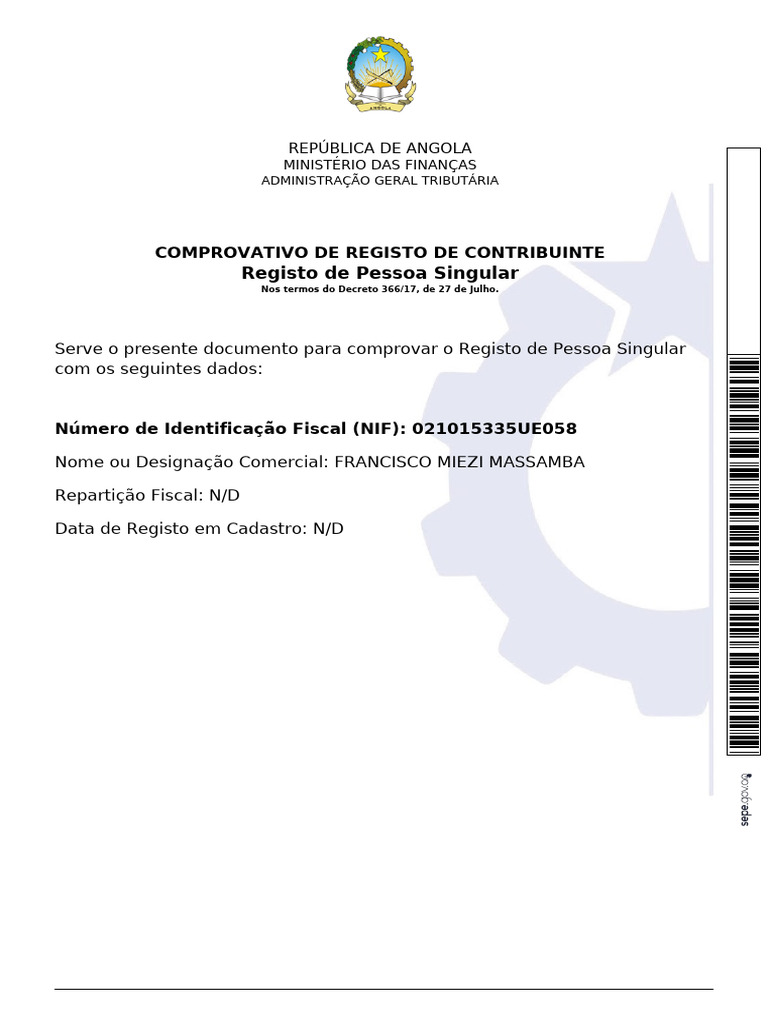 Comprovativo de NIF em Angola | PDF