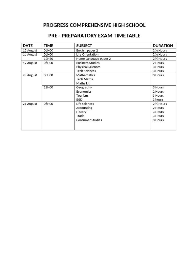 Pre-Prep Exam Timetable 2023 | PDF