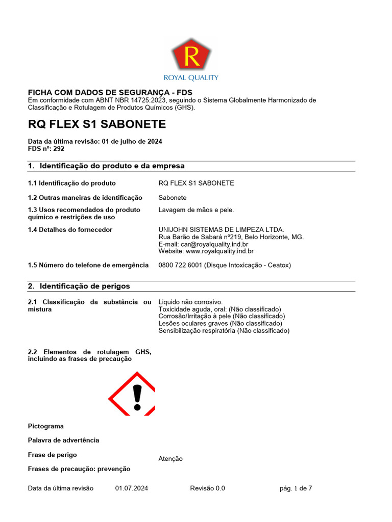 Ficha de Segurança RQ FLEX S1 Sabonete | PDF