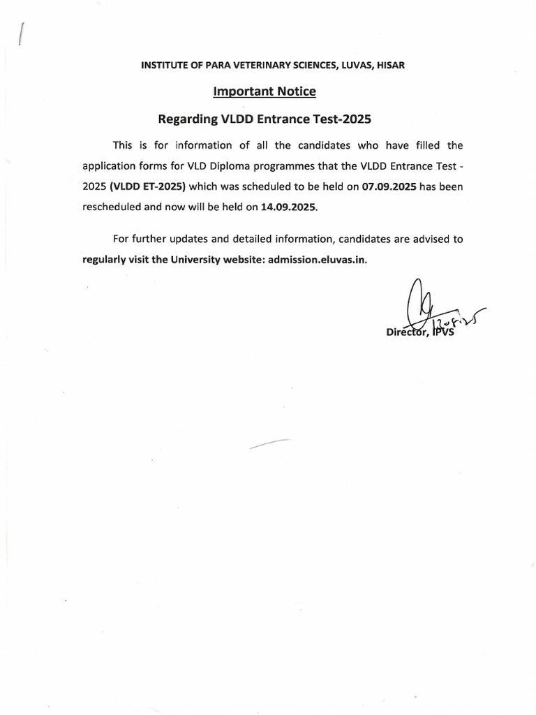 Reschedule of VLDD Entrance Test 2025 | PDF