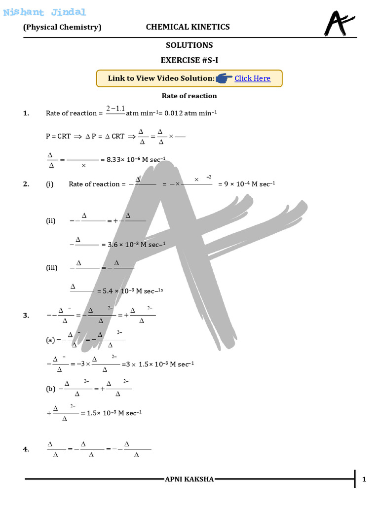 Sheet 01 Video Solution Chemical Kinetics S 1 E NJ 247 | PDF | Physical ...