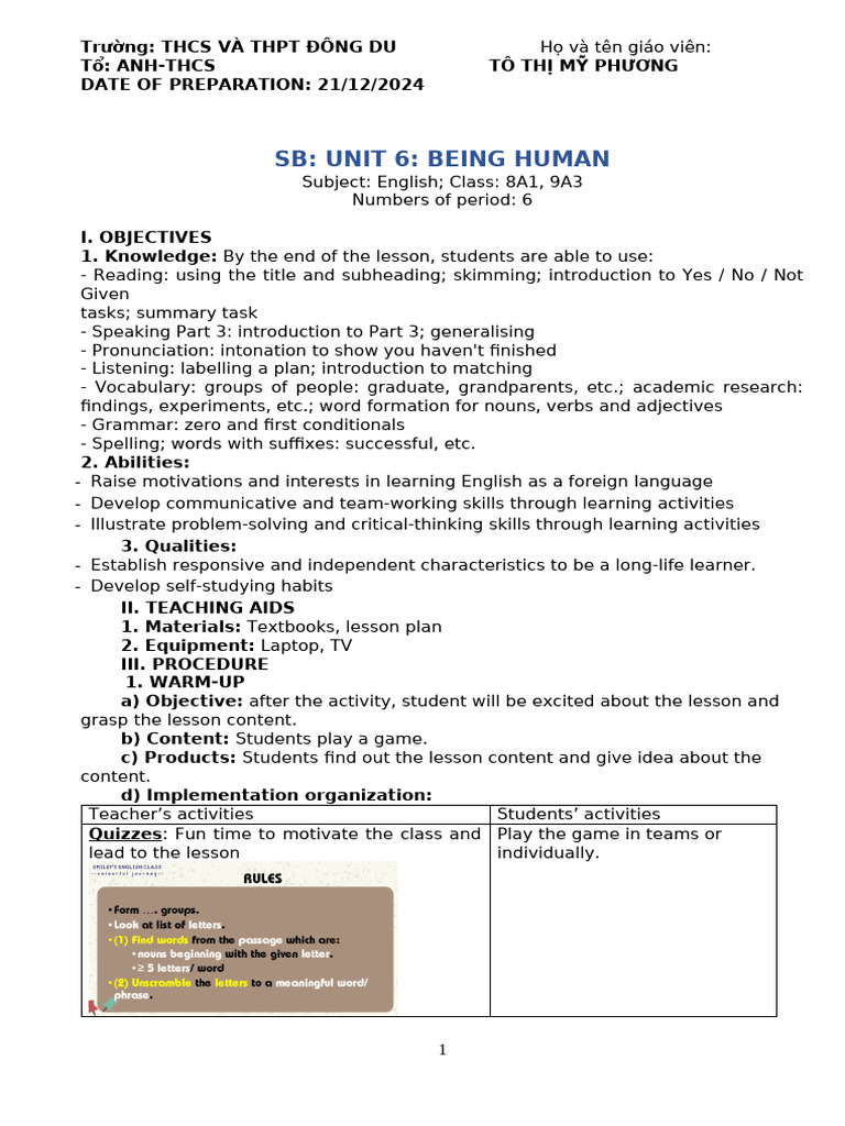 English Lesson Plan for Unit 6: Being Human | PDF | English Language ...
