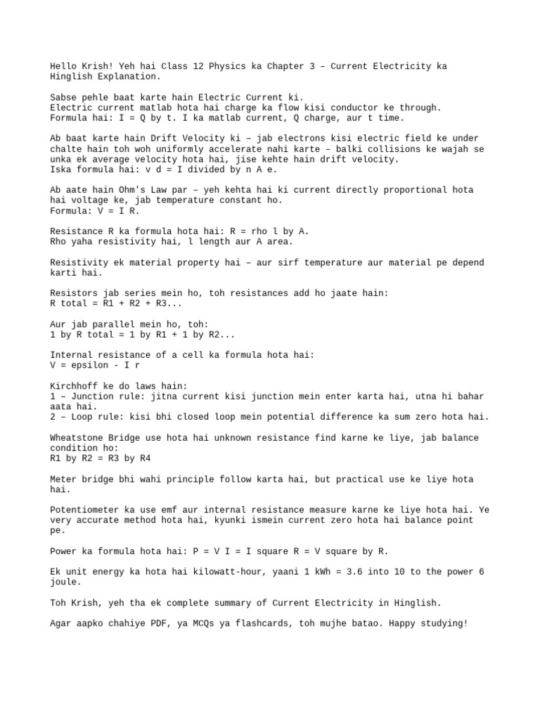 Current Electricity Hinglish Script | PDF