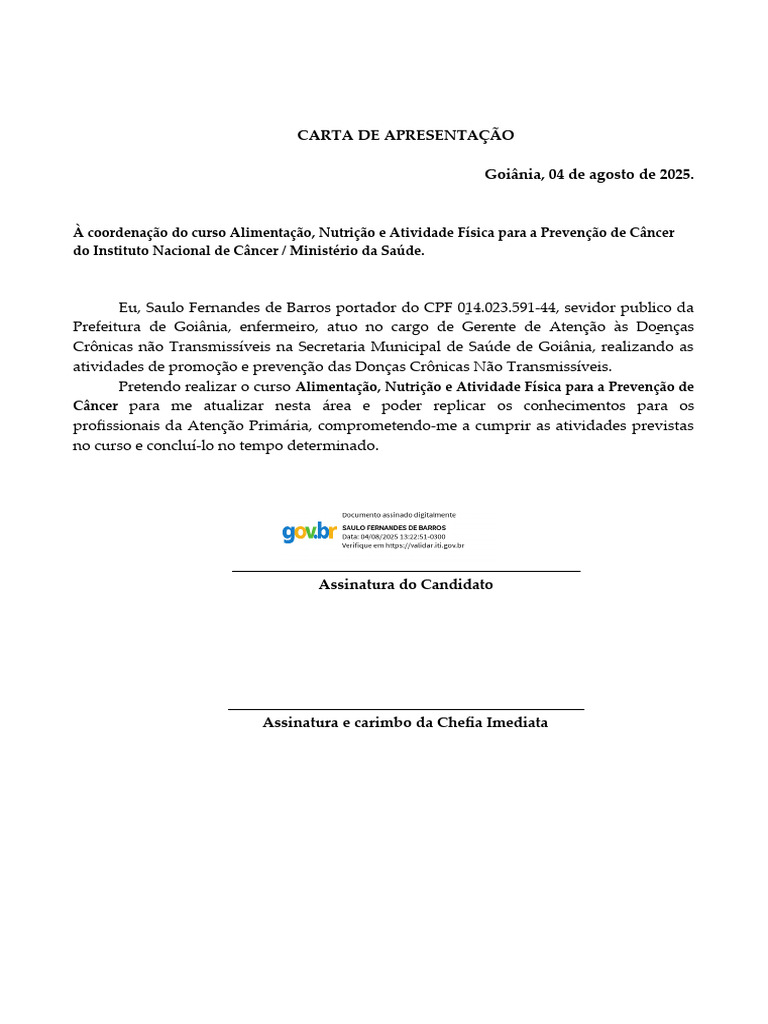 Carta de Apresentacao Saulo Curso INCA Assinado | PDF