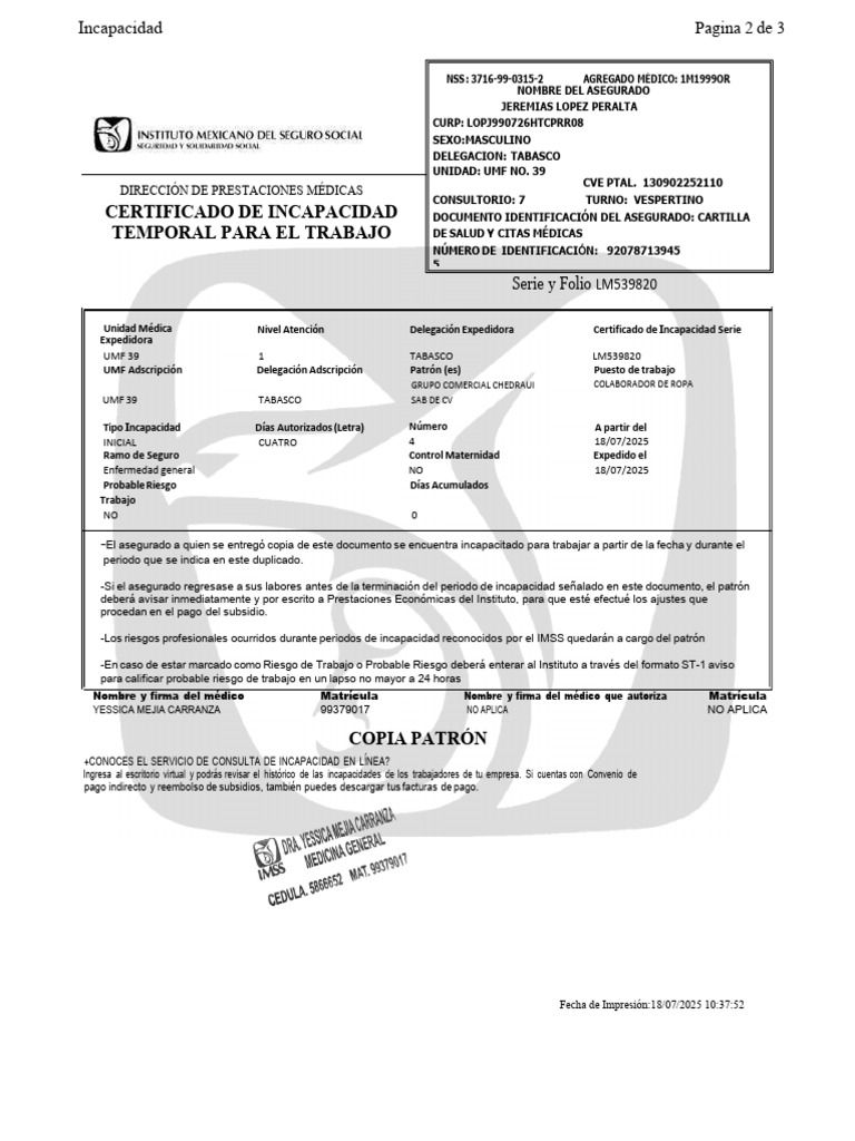 Certificado de Incapacidad Temporal | PDF