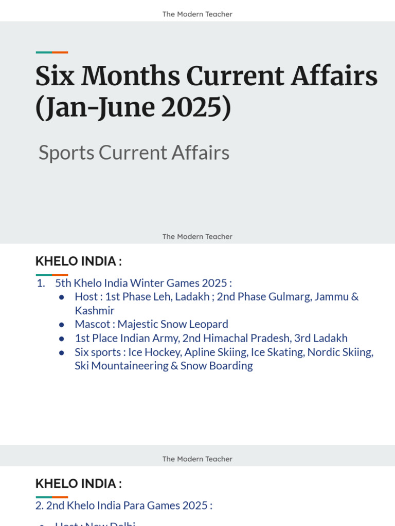 Sports Current Affairs: Jan-June 2025 | PDF | Cricket | Forms Of Cricket