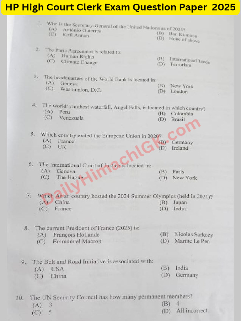 HP High Court Clerk Exam Question Paper Held On 6 July 2025 | PDF