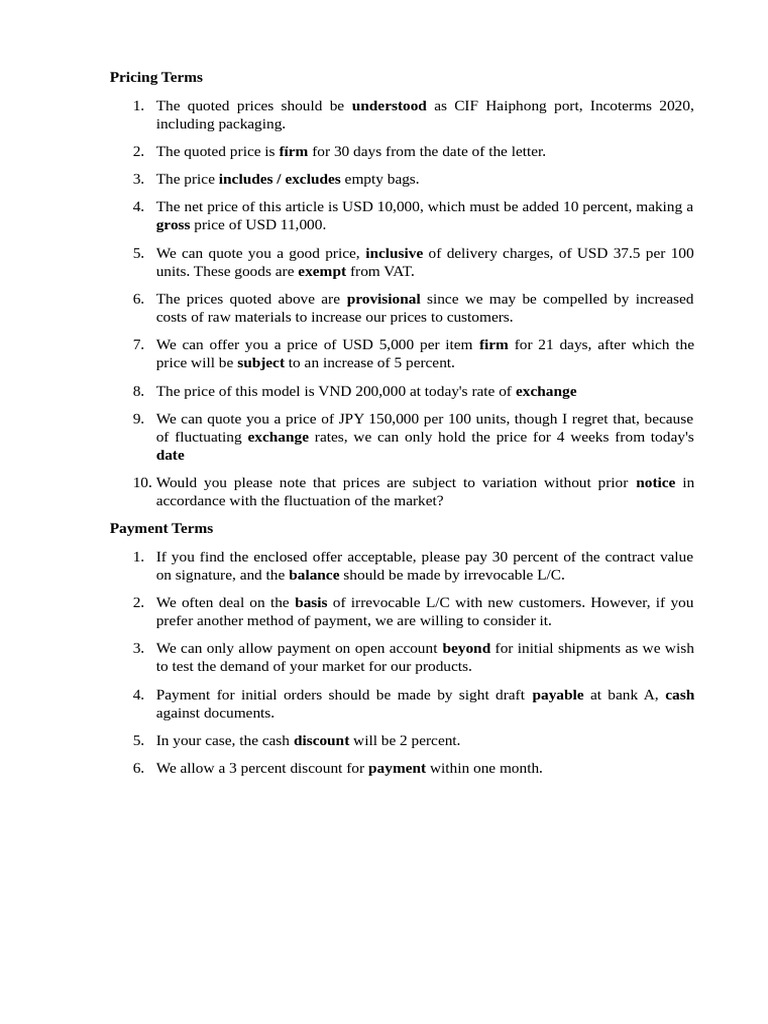 Pricing and Payment Terms Overview | PDF
