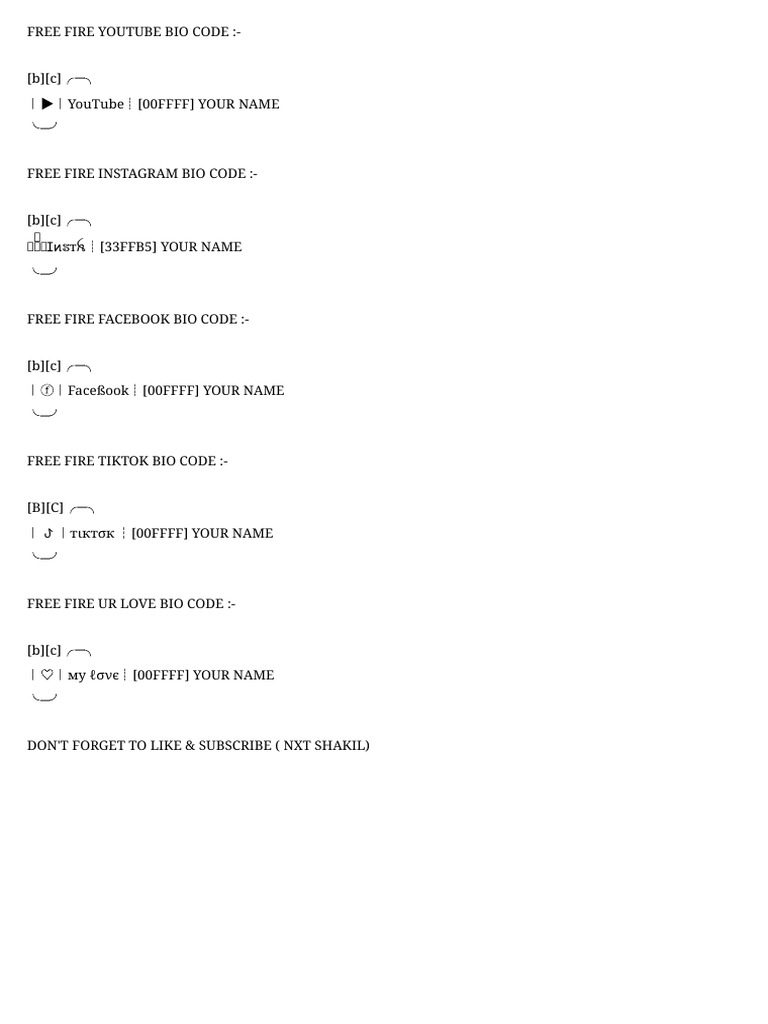 Free Fire Bio Codes for Social Media | PDF