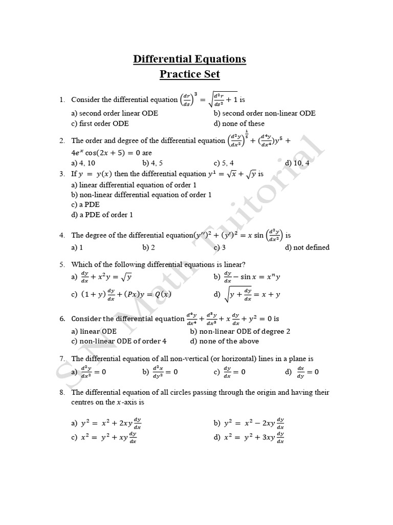 Differential Equations (Practice Set) | PDF | Ordinary Differential ...