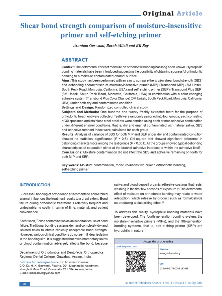 Shear Bond Strength Comparison of Moisture‑Insensitive | PDF | Tooth ...