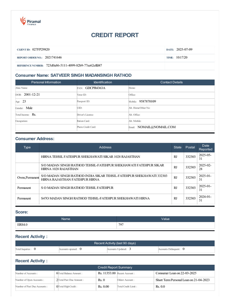 Credit Report for Satveer Rathod | PDF | Credit History | Identity Document
