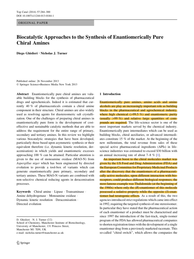 Biocatalytic Approaches To The Synthesis of Enantiomerically Pure ...