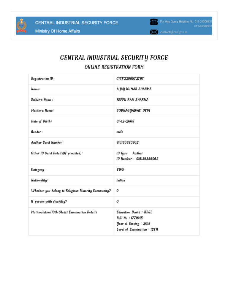 CISF Online Registration Form Details | PDF | Access Control ...