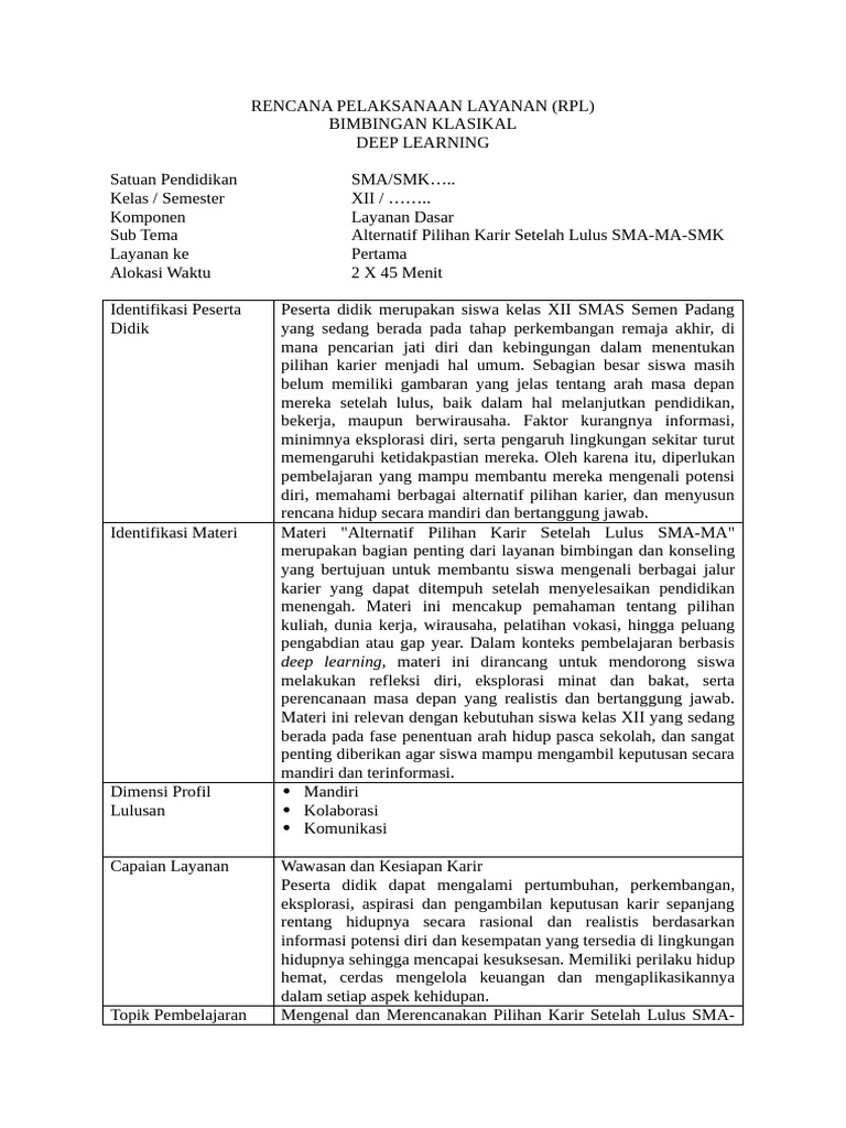 RPL Bimbingan Karir Deep Learning SMK | PDF