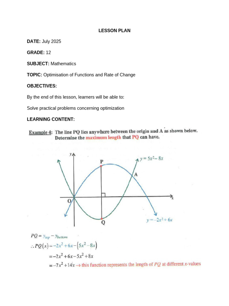 Grade 12 Math: Function Optimization Lesson | PDF