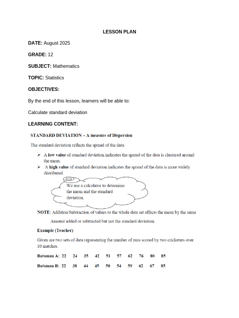 Grade 12 Statistics Lesson Plan | PDF