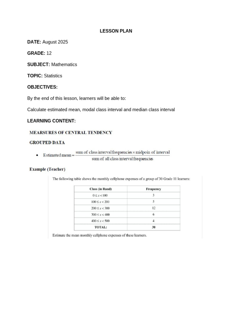 Grade 12 Statistics Lesson Plan | PDF