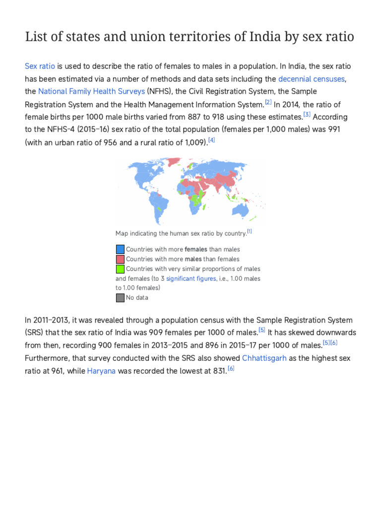Highest Sex Ratio by State and UTs | PDF