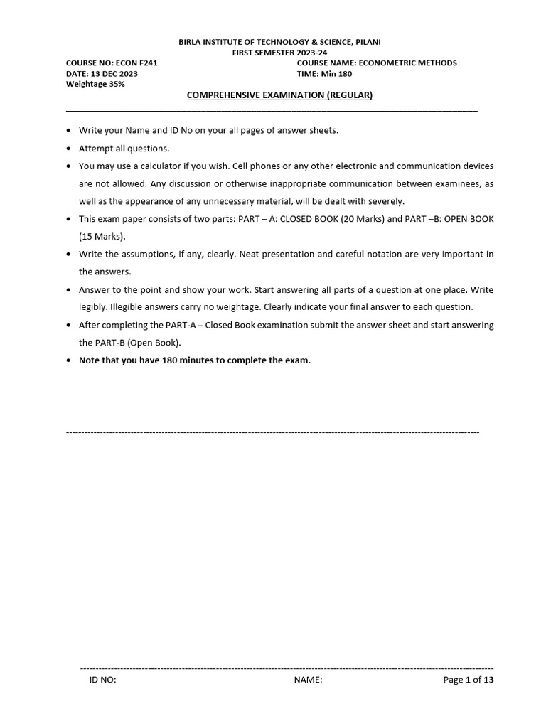1157 ECON F241 20231220104808 Comprehensive Exam Question Paper | PDF ...