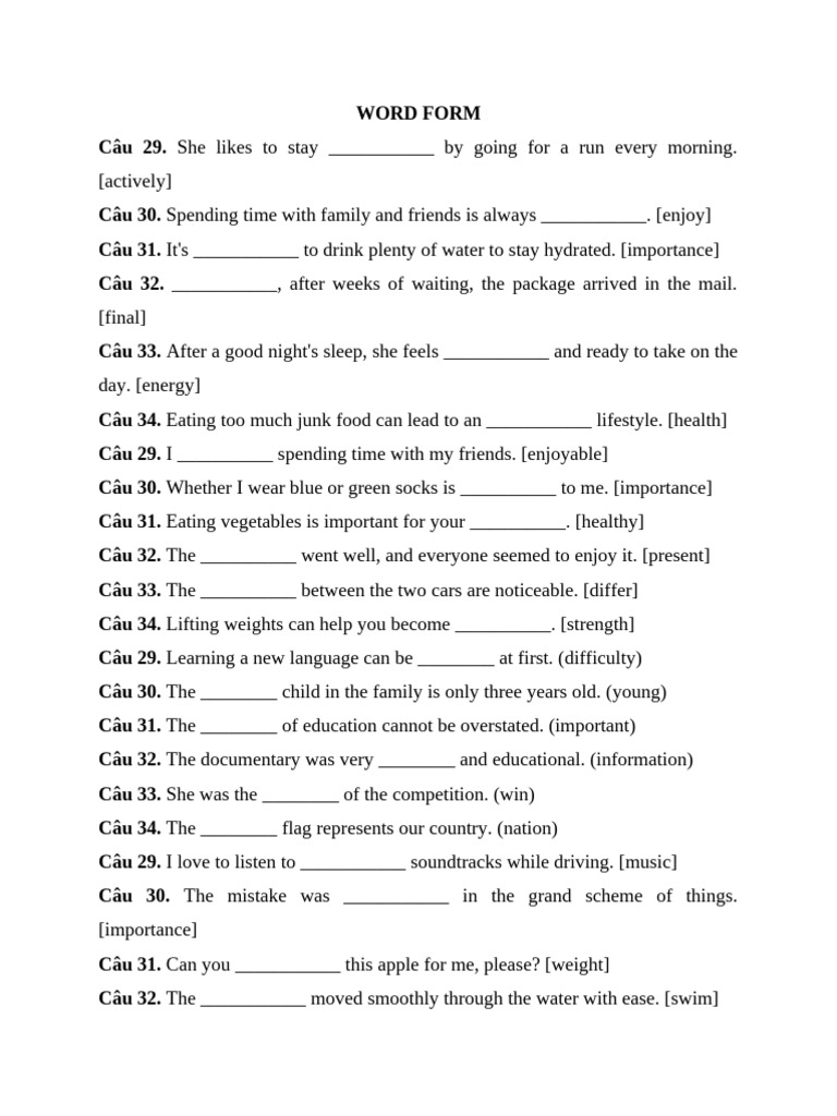 Word Form Exercises for Vocabulary Skills | PDF