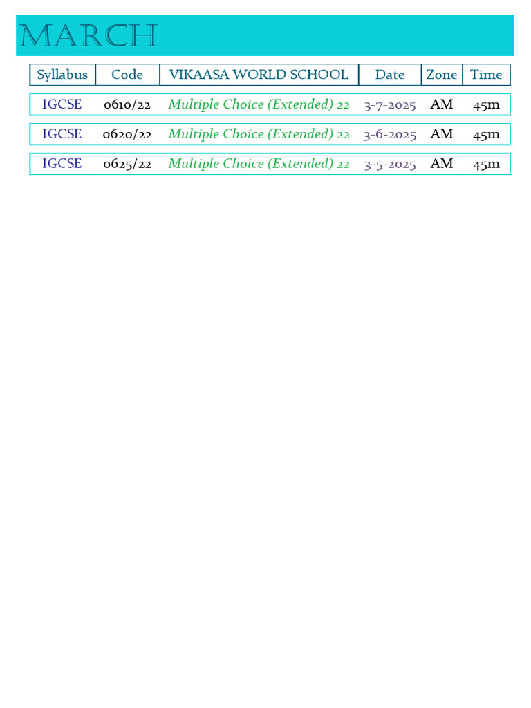 IGCSE March Exam Schedule 2025 | PDF
