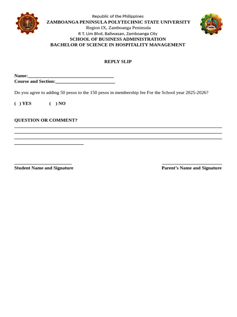 Hospitality Management Fee Reply Slip | PDF