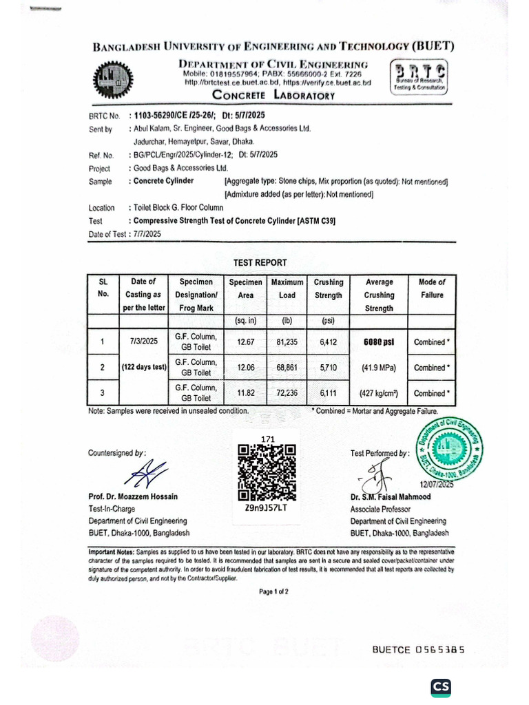 Cylinder Test Toilet Block GF Column | PDF