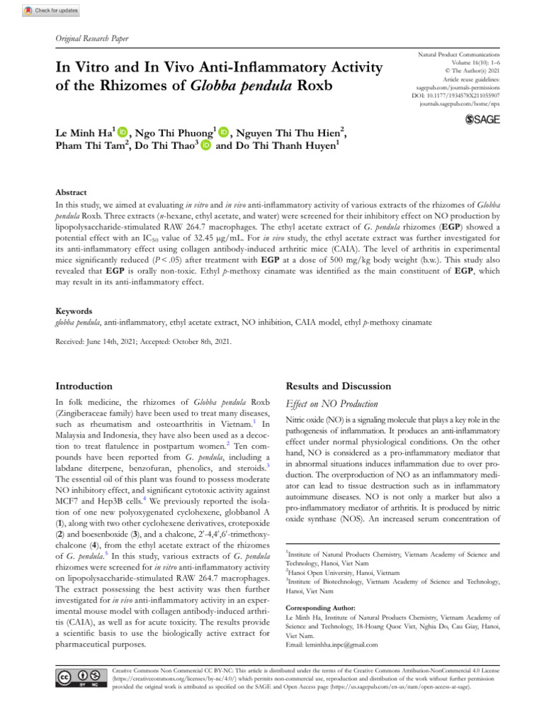 In Vitro and in Vivo Anti Inflammatory Activity of The Rhizomes of ...