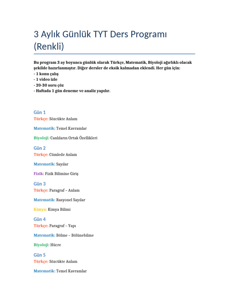 3 Aylik Gunluk Renkli TYT Program | PDF