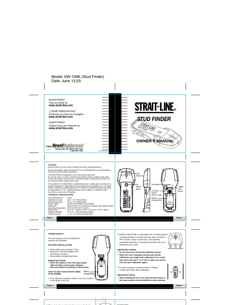 STrait Line Stud Finder Manual PDF Drywall Electrical Connector