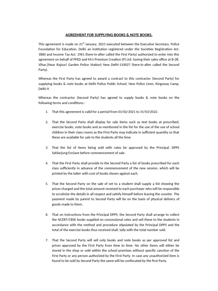 Agreement For Supplying Books | PDF | Private Law | Business Law