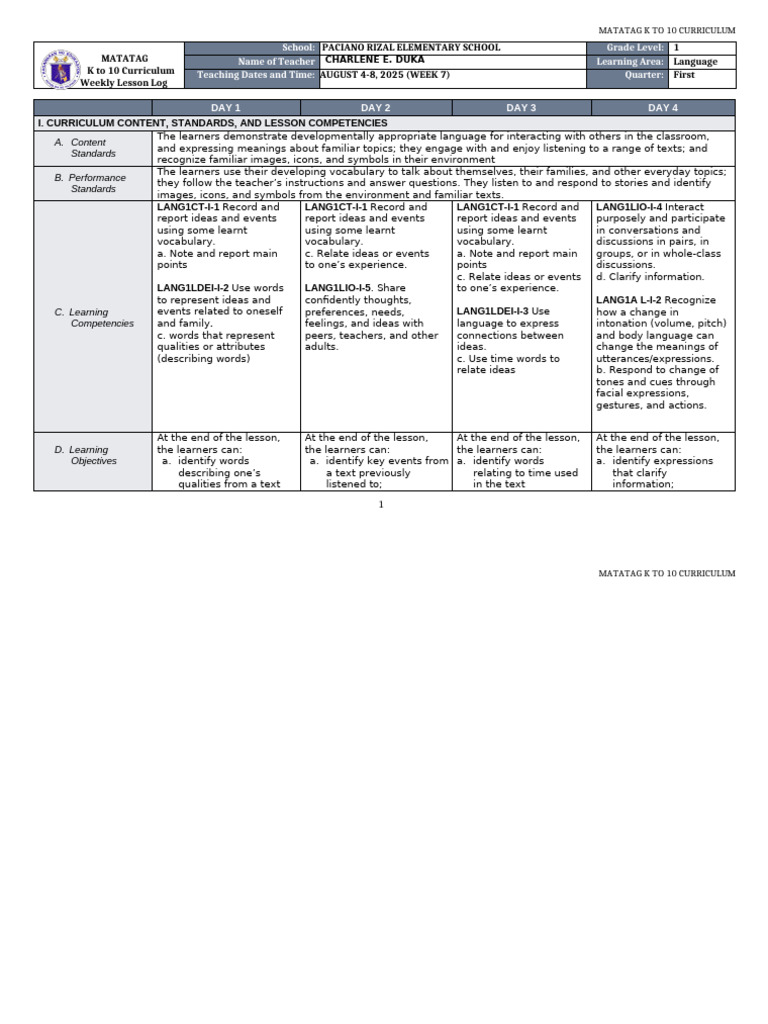Language Lesson Plan for Grade 1 | PDF | Vocabulary | Curriculum