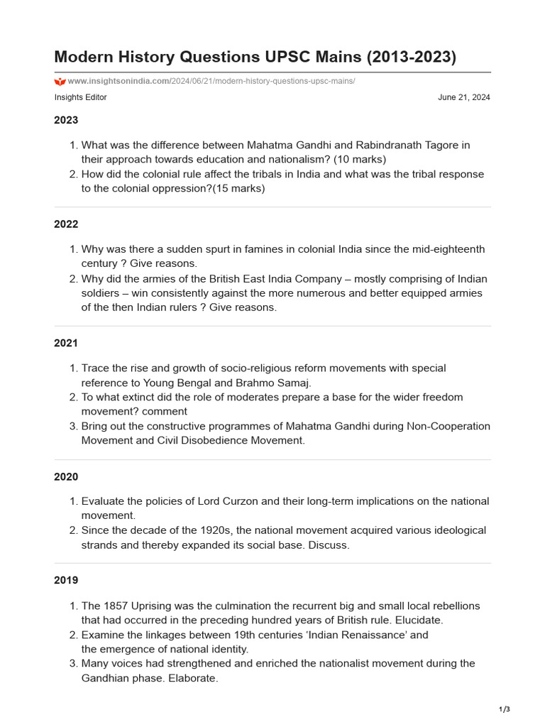 UPSC Modern History Mains Questions 2013-2023 | PDF | British Raj ...