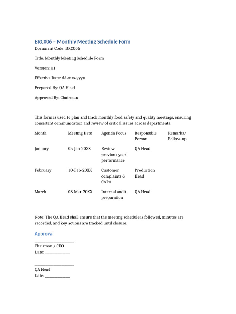 BRC006 Monthly Meeting Schedule Form | PDF