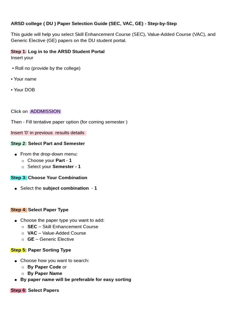 ARSD DU Course Selection Guide | PDF