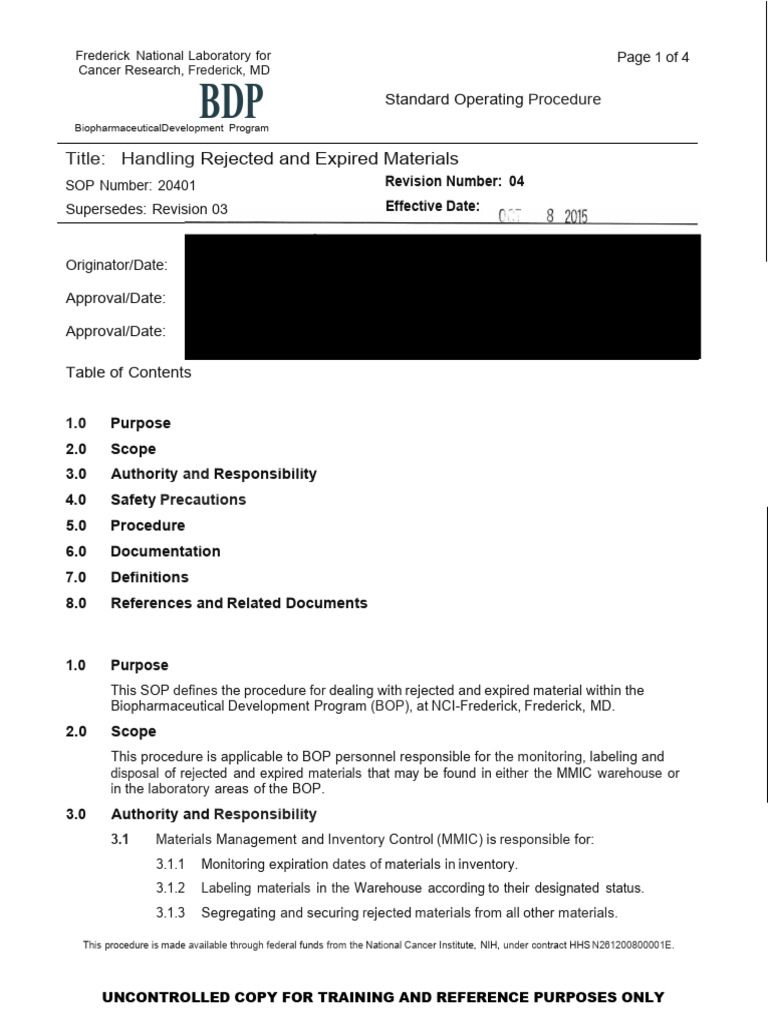 Handling Rejected & Expired Materials SOP | PDF